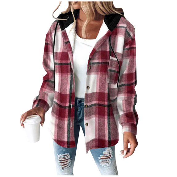Women's Plaid Shacket Lightweight Fleece Lined Hooded Jacket Long Sleeve Button Up Winter Coat with Pockets