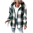 thumbnail image 1 of Women's Plaid Shacket Lightweight Fleece Lined Hooded Jacket Long Sleeve Button Up Winter Coat with Pockets, 1 of 6