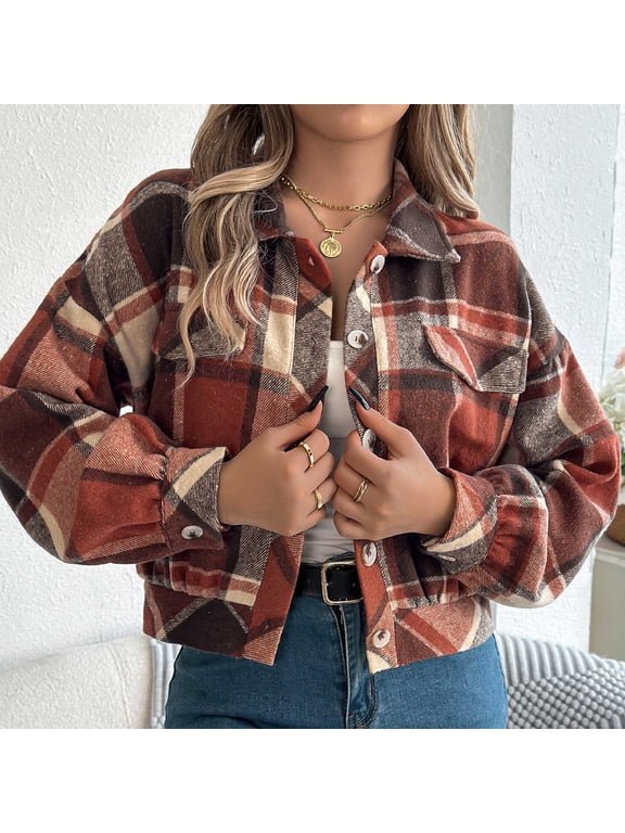 Women's Plaid Shacket Oversized Button Down Cropped Jacket with Long Sleeve Tweed Fall Winter Fashion Outfits for Women Orange S