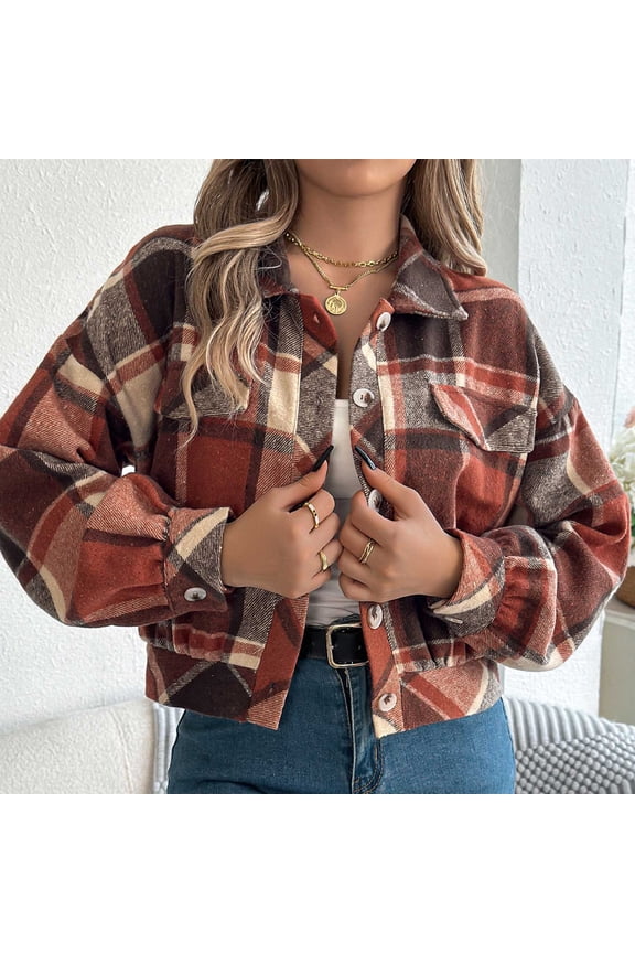 Women's Plaid Shacket Oversized Button Down Cropped Jacket with Long Sleeve Tweed Fall Winter Fashion Outfits for Women Orange S