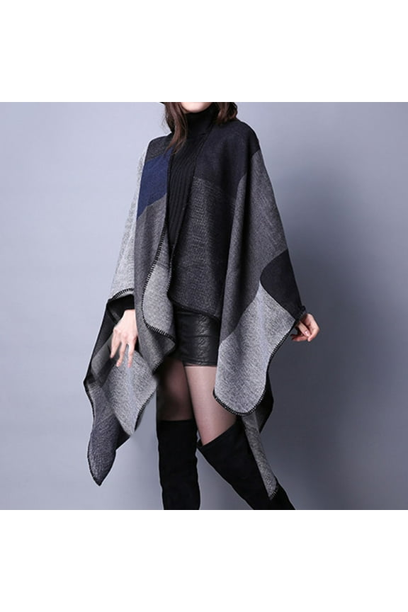 Women's Plaid Shawl with Open Front, Reversible Poncho Cape for Fall Winter, Warm Oversized Cardigan Shawl for Travel, Casual Wear and Daily Use, Soft Imitation Wool Blend Fashion Wrap - Black1