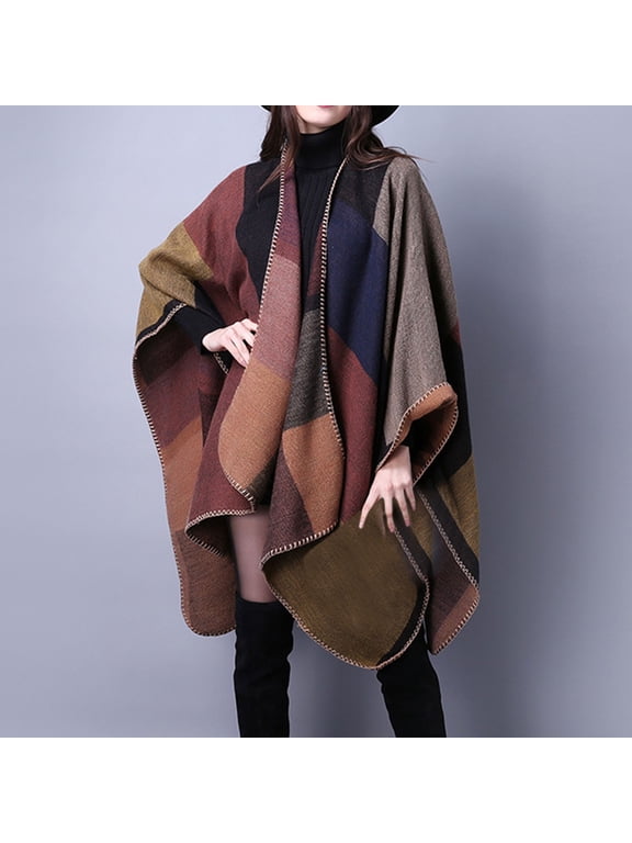 Women's Plaid Shawl with Open Front, Reversible Poncho Cape for Fall Winter, Warm Oversized Cardigan Shawl for Travel, Casual Wear and Daily Use, Soft Imitation Wool Blend Fashion Wrap - Khaki
