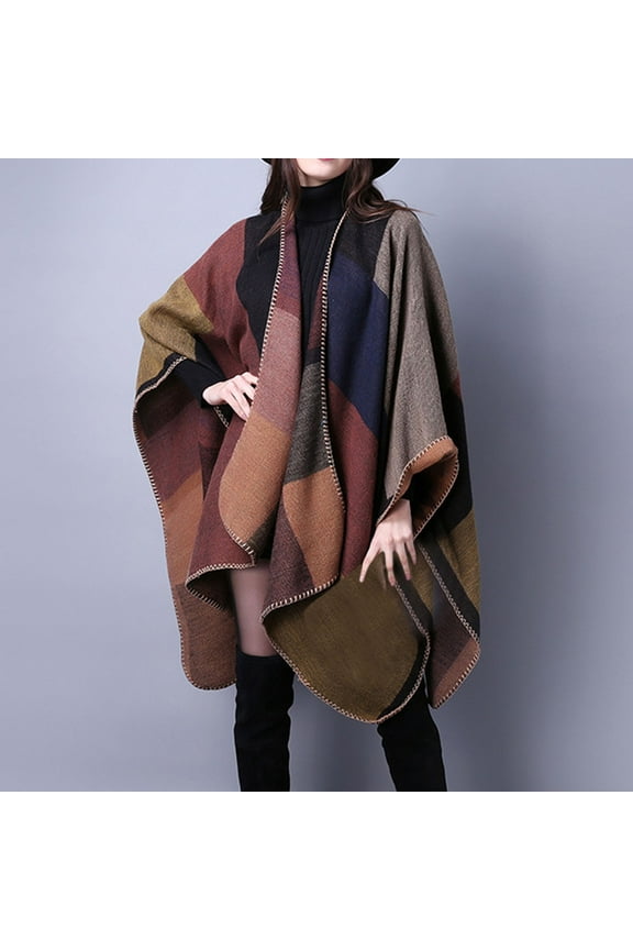 Women's Plaid Shawl with Open Front, Reversible Poncho Cape for Fall Winter, Warm Oversized Cardigan Shawl for Travel, Casual Wear and Daily Use, Soft Imitation Wool Blend Fashion Wrap - Khaki