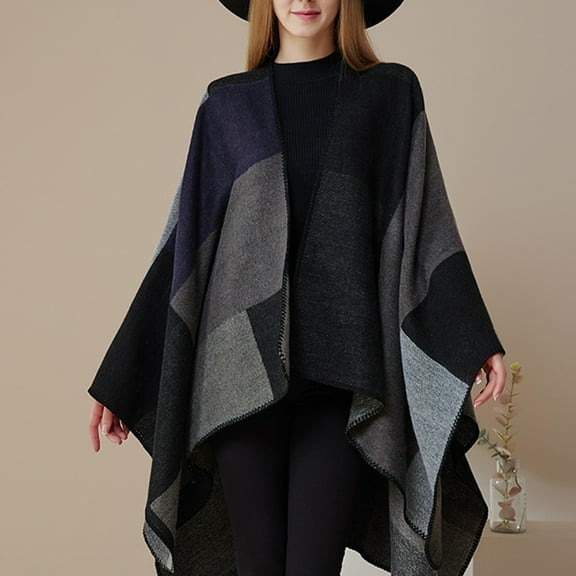 Women's Plaid Shawl with Open Front, Winter Warm Long Poncho Cape with Imitated Wool Feeling, Oversized Reversible Cardigan for Fall and Winter, Below Hip Length Casual Cover Up for Women - Black