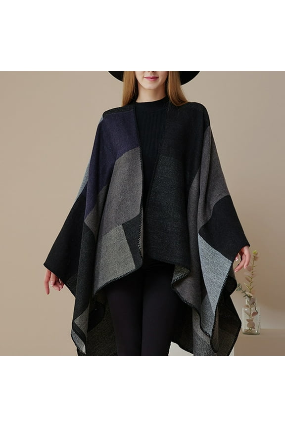 Women's Plaid Shawl with Open Front, Winter Warm Long Poncho Cape with Imitated Wool Feeling, Oversized Reversible Cardigan for Fall and Winter, Below Hip Length Casual Cover Up for Women - Black