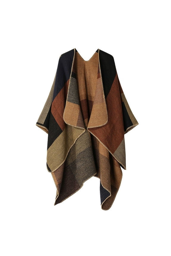 Women's Plaid Shawl with Open Front, Winter Warm Long Poncho Cape with Imitated Wool Feeling, Oversized Reversible Cardigan for Fall and Winter, Below Hip Length Casual Cover Up for Women - Khaki