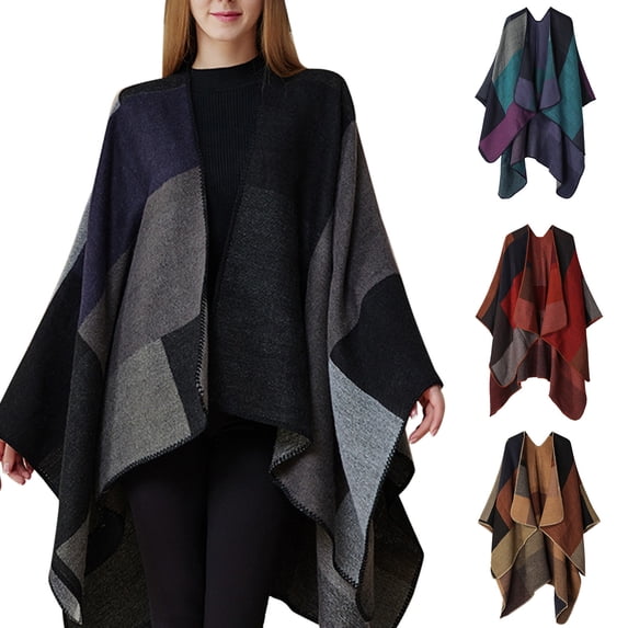 Women's Plaid Shawl, Reversible Open Front Poncho Cape, Oversized Long Cardigan Wrap, Warm Winter Shawl for Women, Fall and Winter Fashion Outerwear-Black