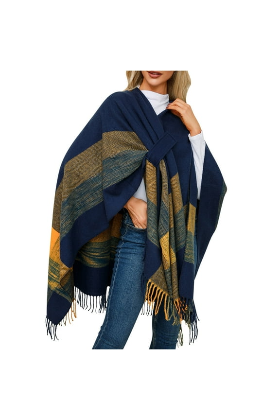 Women's Plaid Shawl Wrap Casual Elegant Poncho Cape Open Front Cardigan Shawls Fall Winter Tassel Fringe Shawl Wrap
