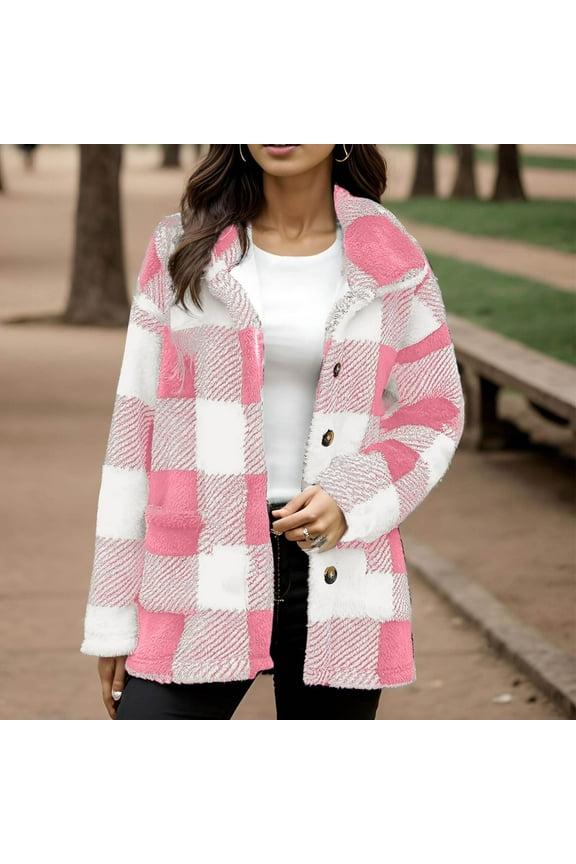Women's Plaid Sherpa Jacket Fleece Jackets Long Sleeve Lapel Button Down Fuzzy Coat with Pockets Warm Winter Casual Oversized Outerwear