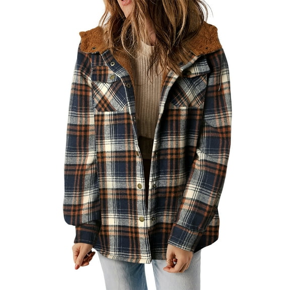 Women's Plaid Sherpa Lined Hooded Shacket - Blue - [ZhiHiMeRi] | (US 4-6)S