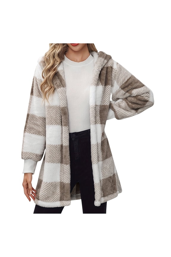 Women's Plaid Sherpa Shacket Full Zip Hooded Teddy Fleece Lined Winter Warm Snow Ready Outerwear with Pockets