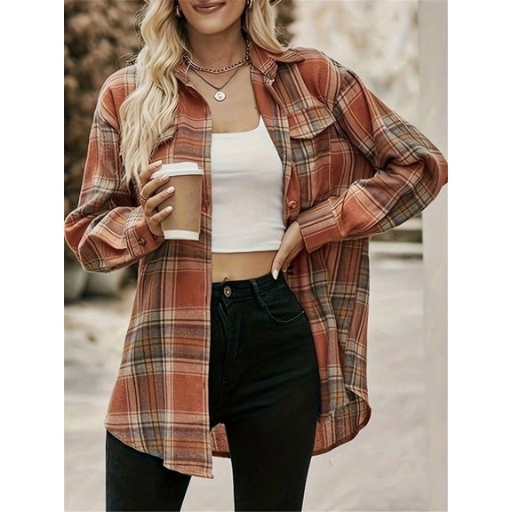 Women's Plaid Shirt Collar Long Sleeve Drop Shoulder Top, Front Short Back Long Hem, With Pockets, Casual Autumn/Winter Top