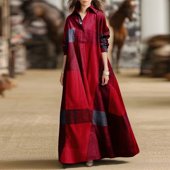 Women's Plaid Shirt Dress, Long Sleeve Collar Button Down Midi Dress, Classic Smart Casual Dress for Fall or Office, Red - L