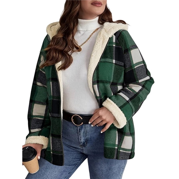 Women's Plaid Shirt Jacket, Long-Sleeved, Zip-Up Fleece Hooded Coat, Warm Overcoat Green Checkered XXL