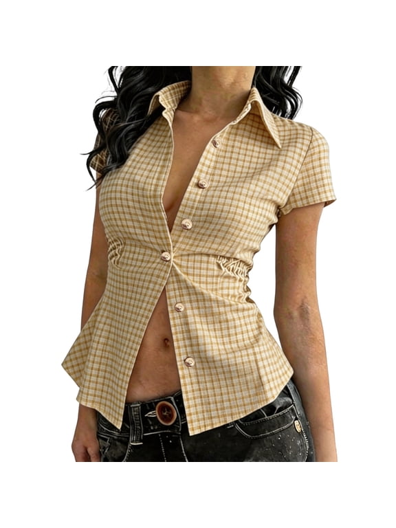 Women's Plaid Shirt Short Sleeve Button Down Fitted Waist Top Retro Checkered Casual Summer Tee