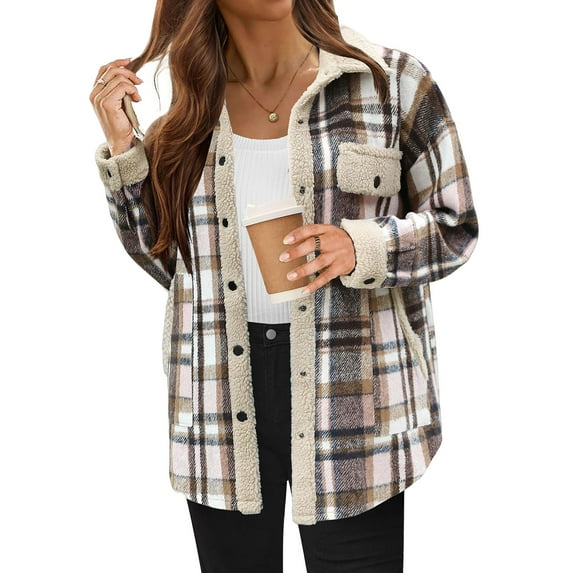 Women's Plaid Shirts Casual Button Down Fleece Shirts Lapel Long Sleeve Blouses with Pockets Warm Fall Winter Blouses
