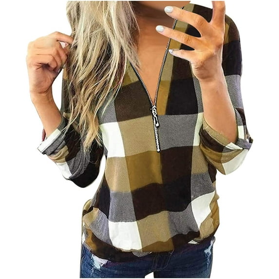 Women's Plaid Shirts Casual Long Sleeve Flannel Pullover Sexy V Neck Zipper Tunic