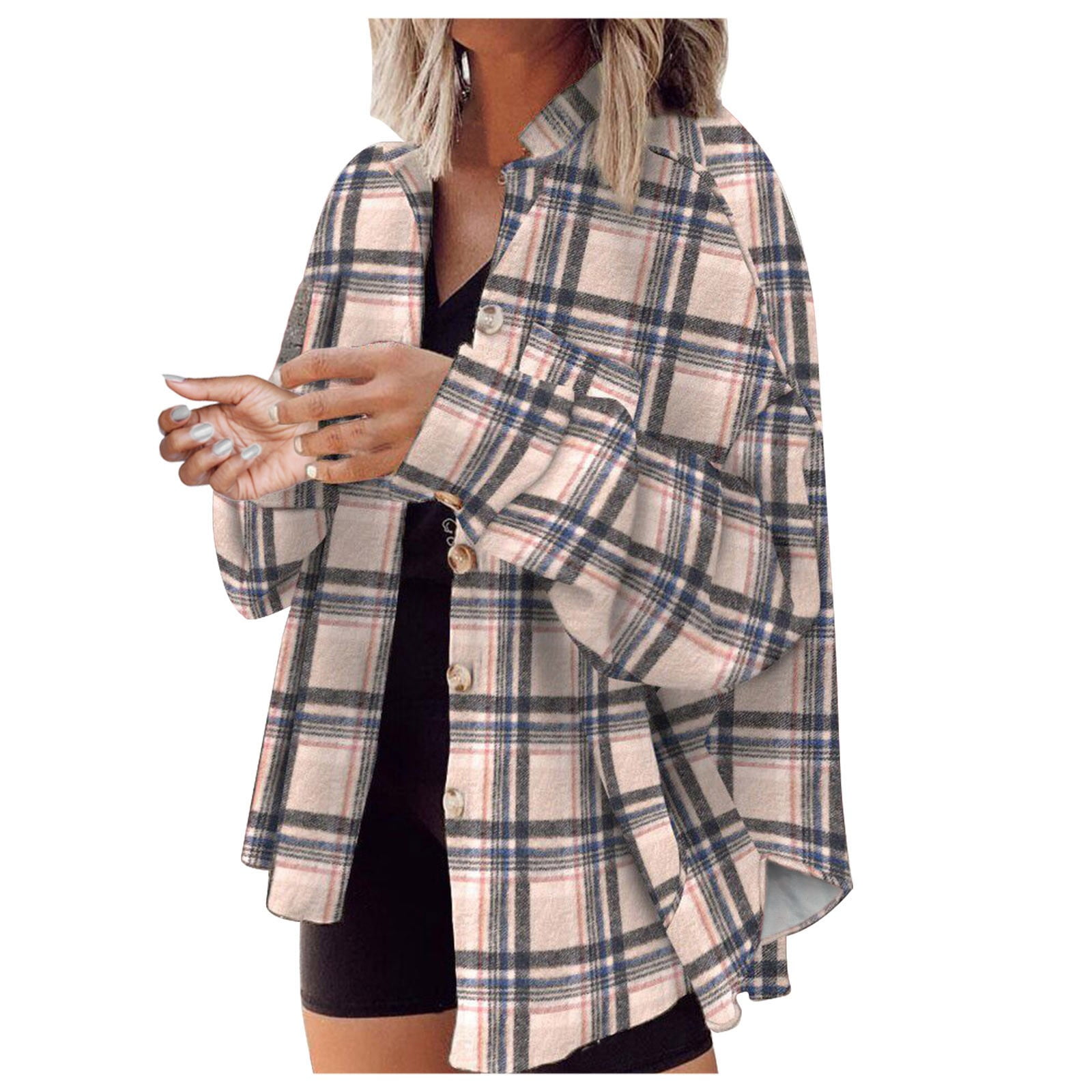 Women's Plaid Shirts Long Sleeve Flannel Lapel Button Down Pocketed