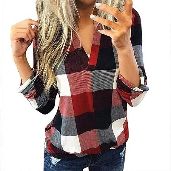 Women's Plaid Shirts V Neck Rolled Long Sleeve Tunic Tops Casual Fall T-shirts
