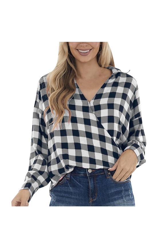 Women's Plaid Shirts V Neck Wrap Front Long Sleeve Tunic Top Casual Loose Lightweight Blouses Shirt
