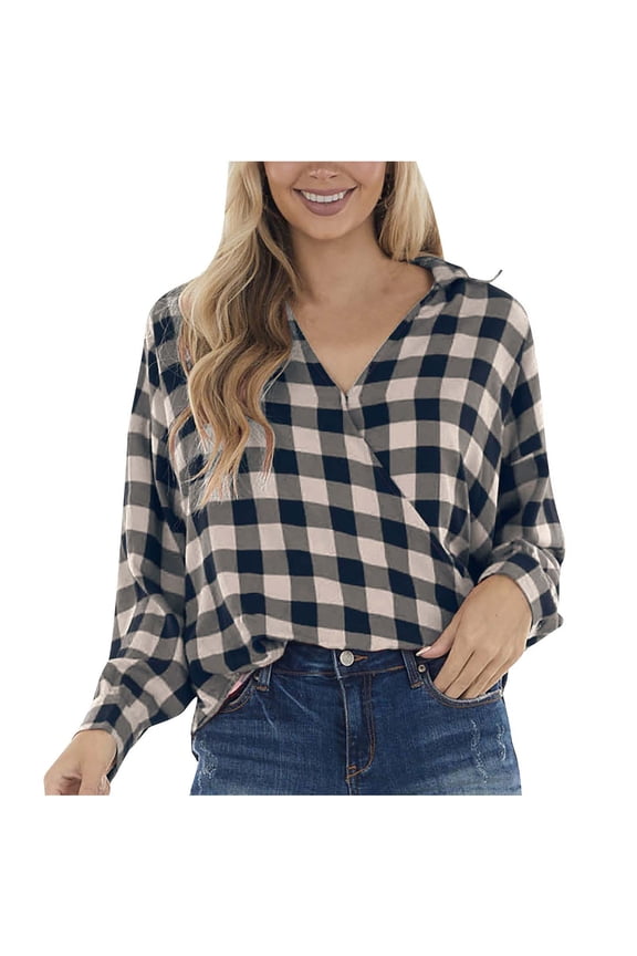 Women's Plaid Shirts V Neck Wrap Front Long Sleeve Tunic Top Casual Loose Lightweight Blouses Shirt