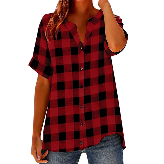Women's Plaid Short Sleeve Button Down Shirt Casual Summer Blouses Loose Fit Tops Spring Summer Red