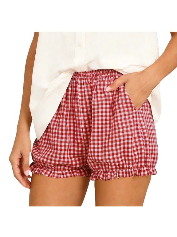 Women's Plaid Shorts with Elastic Waist Comfy Casual Home Shorts Fashion Ruffle Pants Legs Summer Shorts,Red,M