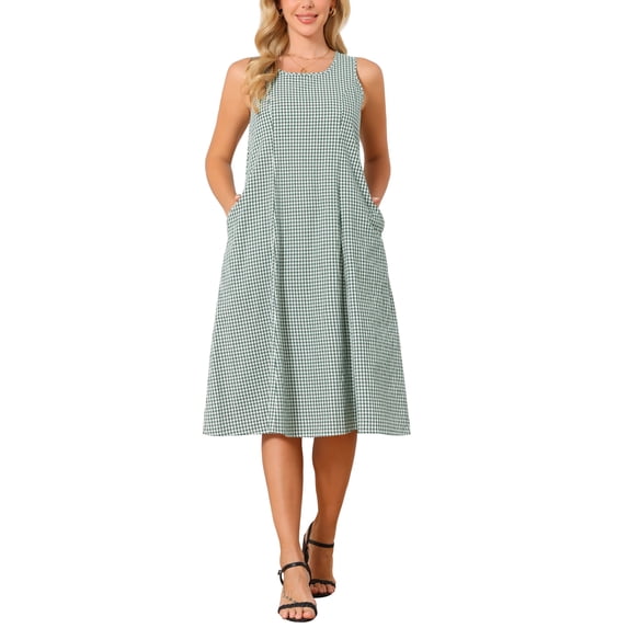INSPIRE CHIC Women's Plaid Sleeveless Dresses Casual Loose Fit Tank Midi Gingham Dress with Pockets Summer Outfits XL Green