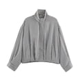 thumbnail image 1 of Women's Plaid Stand Collar Cropped Jacket Long Sleeve Full Zip Loose Casual Lightweight Outerwear with Pockets, M, 1 of 6