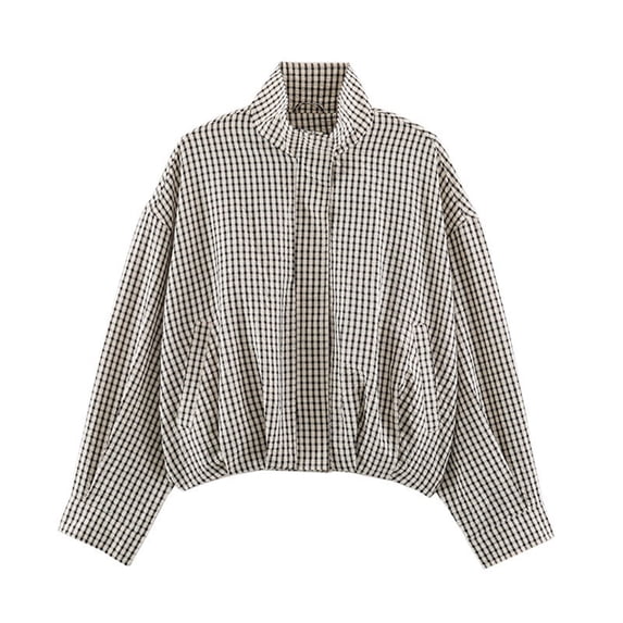 Women's Plaid Stand Collar Cropped Jacket Long Sleeve Full Zip Loose Casual Lightweight Outerwear with Pockets, M