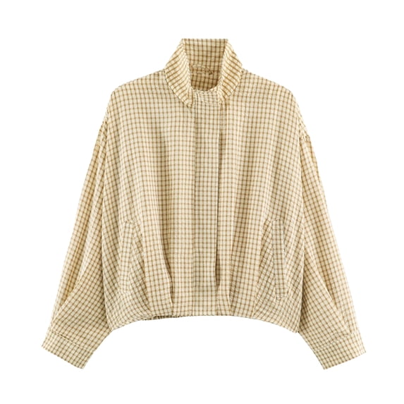 Women's Plaid Stand Collar Cropped Jacket Long Sleeve Full Zip Loose Casual Lightweight Outerwear with Pockets, S