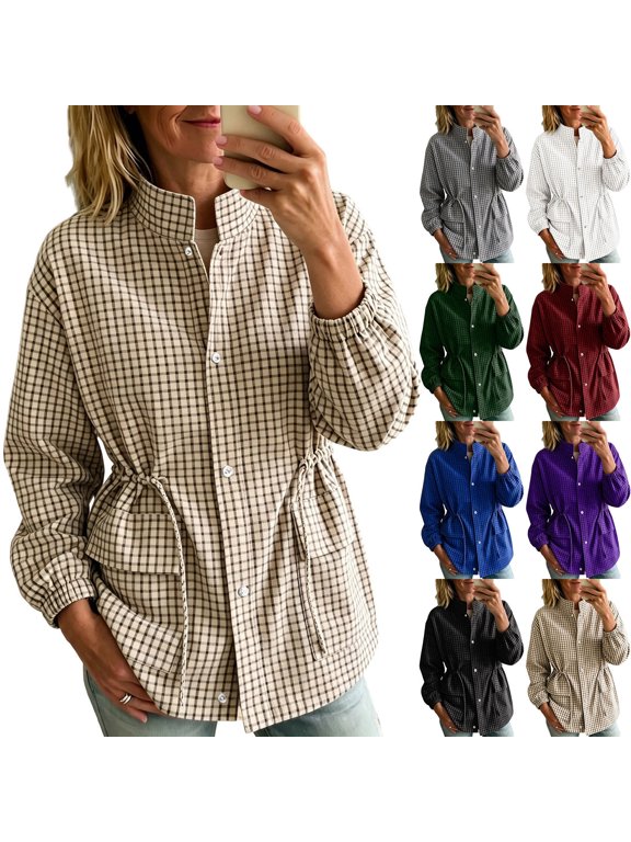 Women's Plaid Stand Collar Zip up Jacket Drawstring Waist Casual Loose Coat with Pockets, Spring Fall Transition Outerwear for Women White