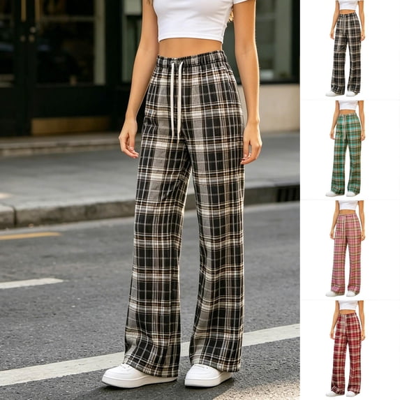 Women's Plaid Straight Leg High Waist Casual Pants, Polyester Pocket Loose Long Trousers, Fashion Summer Bottoms for Daily Shopping Home | TruHer,Red Free Size