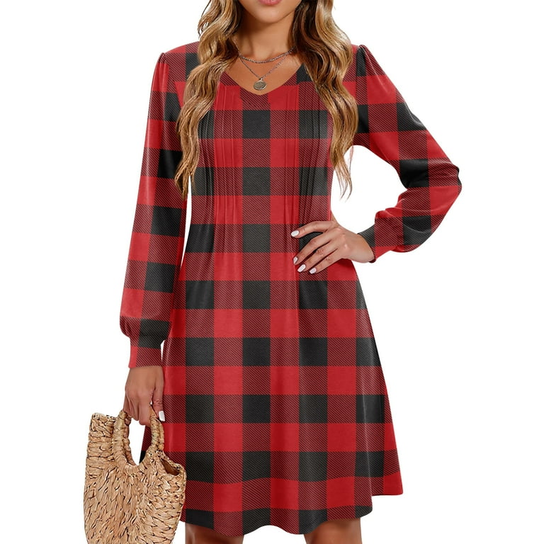 Women's Plaid Striped Printed Casual V-Neck Long Sleeve Midi Dress