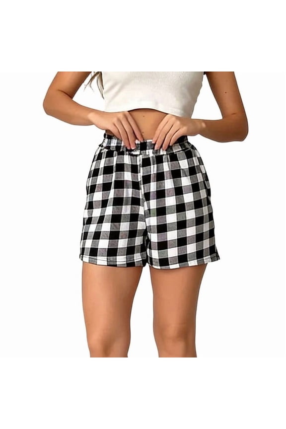 Women's Plaid Summer Lounge Shorts Elastic Waist Comfy Pajama Bottoms Loose Boxer Shorts with Pockets