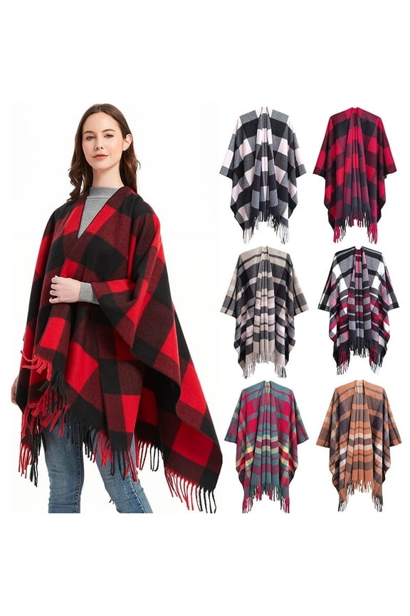 Women's Plaid Sweater Poncho Cape Coat Open Front Blanket Shawl and Wrap