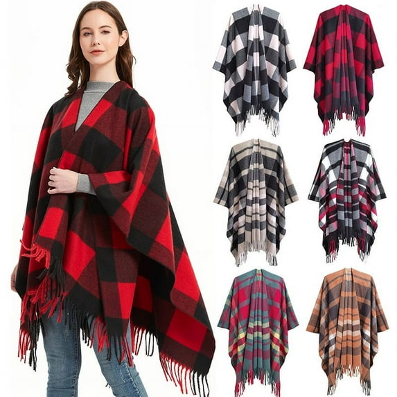 Women's Plaid Sweater Poncho Cape Coat Open Front Blanket Shawl and Wrap