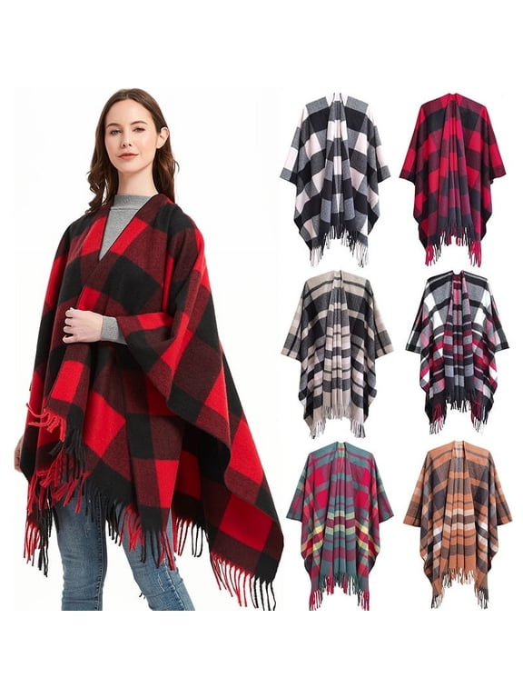 Women's Plaid Sweater Poncho Cape Coat Open Front Blanket Shawl and Wrap