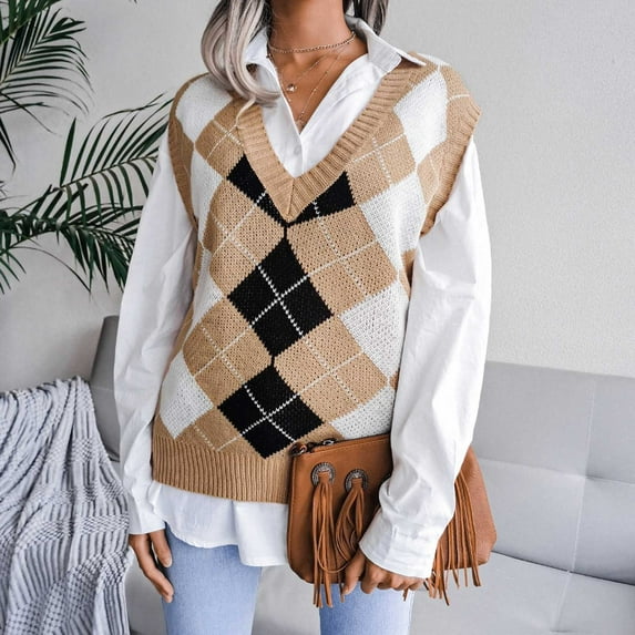 Women's Plaid Sweater Preppy Long Sleeve V Neck Pullover Tops 90s Preppy England Style Knitwear Sweater Top Sweater Vests for Women Trendy plus Size B Knit Sweater Vests Women Trendy Sleeveless