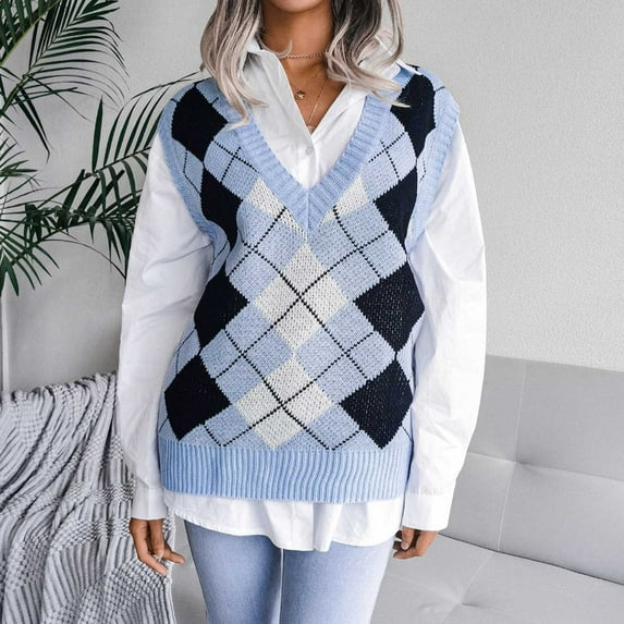 Women's Plaid Sweater Preppy Long Sleeve V Neck Pullover Tops 90s Preppy England Style Knitwear Sweater Top Sweater Vests for Women Trendy plus Size B Knit Sweater Vests Women Trendy Sleeveless