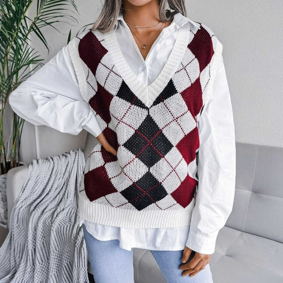 Women's Plaid Sweater Preppy Long Sleeve V Neck Pullover Tops 90s Preppy England Style Knitwear Sweater Top Sweater Vests for Women Trendy plus Size B Knit Sweater Vests Women Trendy Sleeveless