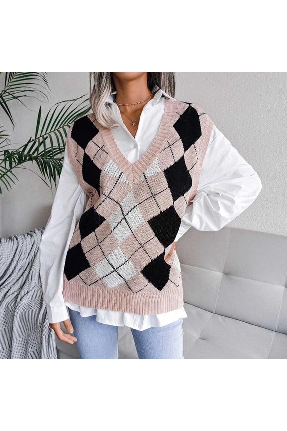 Women's Plaid Sweater Preppy Long Sleeve V Neck Pullover Tops 90s Preppy England Style Knitwear Sweater Top Sweater Vests for Women Trendy plus Size B Knit Sweater Vests Women Trendy Sleeveless