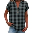 thumbnail image 1 of Women's Plaid T-Shirt Fashion V-Neck Button down Shirt Summer Loose Fits Casual Short Sleeve Tops,Gray,XXL, 1 of 8