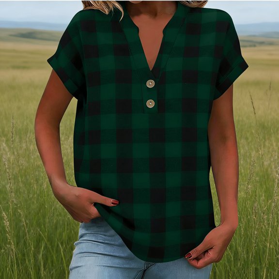 Women’s Plaid T-Shirt Short Sleeve V-Neck Button Tops Summer Loose Fashion Pullover Blouses