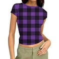 thumbnail image 1 of Women’s Plaid T-Shirt, Summer Round Neck Short Sleeve Tops, Fashion Slim Groove Strip Tees,Purple,XXL, 1 of 6