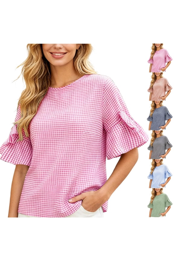 Women's Plaid Tees Crew Neck Ruffled Short Sleeve Blouse Spring Summer Trendy Casual Loose Y2K Clothes (S, Red)