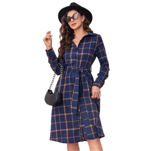 Women's Plaid Tie Waist Long Sleeve Dress with 100% Polyester Fabric Front Button and Opaque Finish Perfect for Office