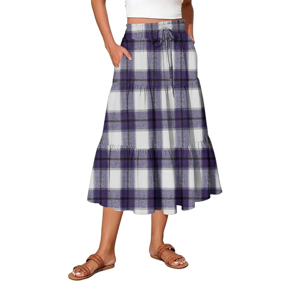 Delconic Women Plaid Drawstring Waist Tiered Maxi Skirt with Pockets Casual Loose Fit A Line Long Skirt for Everyday Wear Purple 2XL