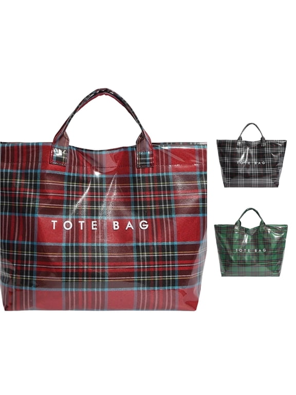 Women's Plaid Tote Bag, Clear Glossy Handbag with Red and White Check Pattern, Large Shopper Purse for Work Travel and Daily Wear