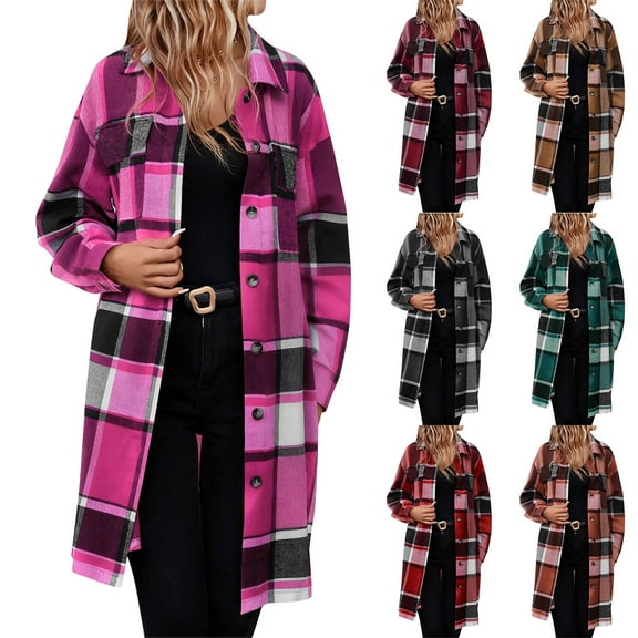 Women's Plaid Trench Coat Single Breasted Wool Blend Long Shacket Fall Winter Casual Lightweight Overcoat Elegant Shirts Jacket with Pockets